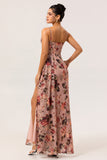Maxi Dusty Rose Corset Chiffon Floral Ruched Bridesmaid Dress with Slit