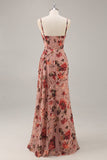 Maxi Dusty Rose Corset Chiffon Floral Ruched Bridesmaid Dress with Slit