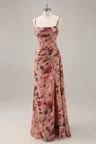 Maxi Dusty Rose Corset Chiffon Floral Ruched Bridesmaid Dress with Slit