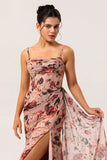 Dusty Rose Corset Floral Ruched Chiffon Long Bridesmaid Dress with Slit