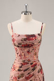 Maxi Dusty Rose Corset Chiffon Floral Ruched Bridesmaid Dress with Slit