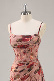 Maxi Dusty Rose Corset Chiffon Floral Ruched Bridesmaid Dress with Slit