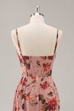 Maxi Dusty Rose Corset Chiffon Floral Ruched Bridesmaid Dress with Slit