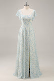 A Line Maxi Blue Floral Chiffon Ruffled Bridesmaid Dress with Slit