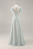 A Line Maxi Blue Floral Chiffon Ruffled Bridesmaid Dress with Slit