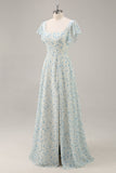 A Line Maxi Blue Floral Chiffon Ruffled Bridesmaid Dress with Slit