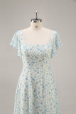 A Line Maxi Blue Floral Chiffon Ruffled Bridesmaid Dress with Slit