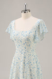 A Line Maxi Blue Floral Chiffon Ruffled Bridesmaid Dress with Slit