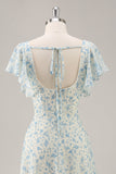 A Line Maxi Blue Floral Chiffon Ruffled Bridesmaid Dress with Slit