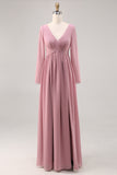 Dusty Rose Long Sleeves V-Neck Bridesmaid Dress with Slit