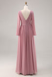 Dusty Rose Long Sleeves V-Neck Bridesmaid Dress with Slit