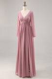 Dusty Rose Long Sleeves V-Neck Bridesmaid Dress with Slit