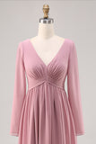 Dusty Rose Long Sleeves V-Neck Bridesmaid Dress with Slit