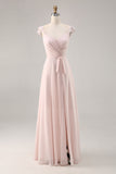 Candy Pink Chiffon Ruched Maxi A Line Bridesmaid Dress with Slit
