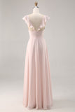 Candy Pink Chiffon Ruched Maxi A Line Bridesmaid Dress with Slit