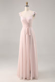 Candy Pink Chiffon Ruched Maxi A Line Bridesmaid Dress with Slit