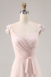 Candy Pink Chiffon Ruched Maxi A Line Bridesmaid Dress with Slit