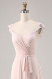 Candy Pink Chiffon Ruched Maxi A Line Bridesmaid Dress with Slit