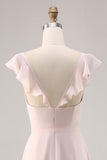 Candy Pink Chiffon Ruched Maxi A Line Bridesmaid Dress with Slit