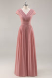 A Line Dusty Rose Chiffon Maxi Bridesmaid Dress with Sleeves
