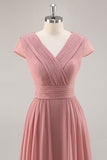A Line Dusty Rose Chiffon Maxi Bridesmaid Dress with Sleeves