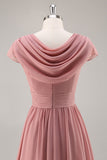 A Line Dusty Rose Chiffon Maxi Bridesmaid Dress with Sleeves