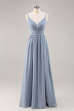 Chiffon Dusty Blue Ruched Spaghetti Straps Maxi Bridesmaid Dress with Slit