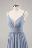 Chiffon Dusty Blue Ruched Spaghetti Straps Maxi Bridesmaid Dress with Slit