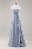 Chiffon A Line Dusty Blue Ruffled Maxi Bridesmaid Dress with Slit