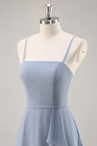 Chiffon A Line Dusty Blue Ruffled Maxi Bridesmaid Dress with Slit