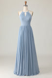 Dusty Blue A Line Chiffon Halter Maxi Bridesmaid Dress with Keyhole