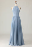 Dusty Blue A Line Chiffon Halter Maxi Bridesmaid Dress with Keyhole