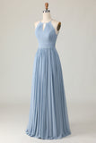 Dusty Blue A Line Chiffon Halter Maxi Bridesmaid Dress with Keyhole