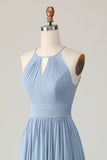 Dusty Blue A Line Chiffon Halter Maxi Bridesmaid Dress with Keyhole