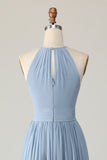 Dusty Blue A Line Chiffon Halter Maxi Bridesmaid Dress with Keyhole