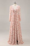 Pink Floral Chiffon V-Neck Maxi A Line Bridesmaid Dress with Slit