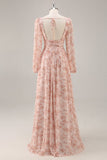 Pink Floral Chiffon V-Neck Maxi A Line Bridesmaid Dress with Slit