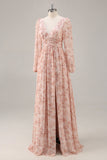 Pink Floral Chiffon V-Neck Maxi A Line Bridesmaid Dress with Slit