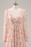 Pink Floral Chiffon V-Neck Maxi A Line Bridesmaid Dress with Slit