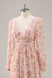 Pink Floral Chiffon V-Neck Maxi A Line Bridesmaid Dress with Slit