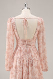 Pink Floral Chiffon V-Neck Maxi A Line Bridesmaid Dress with Slit