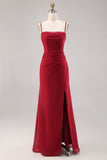 Mermaid Dark Red Ruched Chiffon Maxi Bridesmaid Dress with Slit