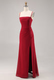 Mermaid Dark Red Ruched Chiffon Maxi Bridesmaid Dress with Slit