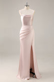 Satin Maxi Candy Pink Mermaid Ruched Bridesmaid Dress with Slit