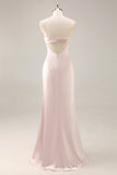 Satin Maxi Candy Pink Mermaid Ruched Bridesmaid Dress with Slit