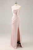 Satin Maxi Candy Pink Mermaid Ruched Bridesmaid Dress with Slit