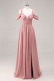 Maxi Dusty Rose Cold Shoulder Chiffon Bridesmaid Dress with Slit