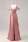 Maxi Dusty Rose Cold Shoulder Chiffon Bridesmaid Dress with Slit