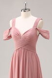 Maxi Dusty Rose Cold Shoulder Chiffon Bridesmaid Dress with Slit