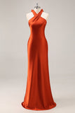 Mermaid Rust Halter Satin Maxi Bridesmaid Dress with Bow